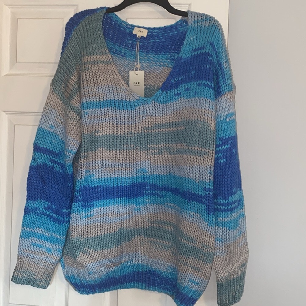 O&O Blue Multicolor Oversized Drop Shoulders Stripe Cable Knit Sweater Top NWT - Picture 4 of 13